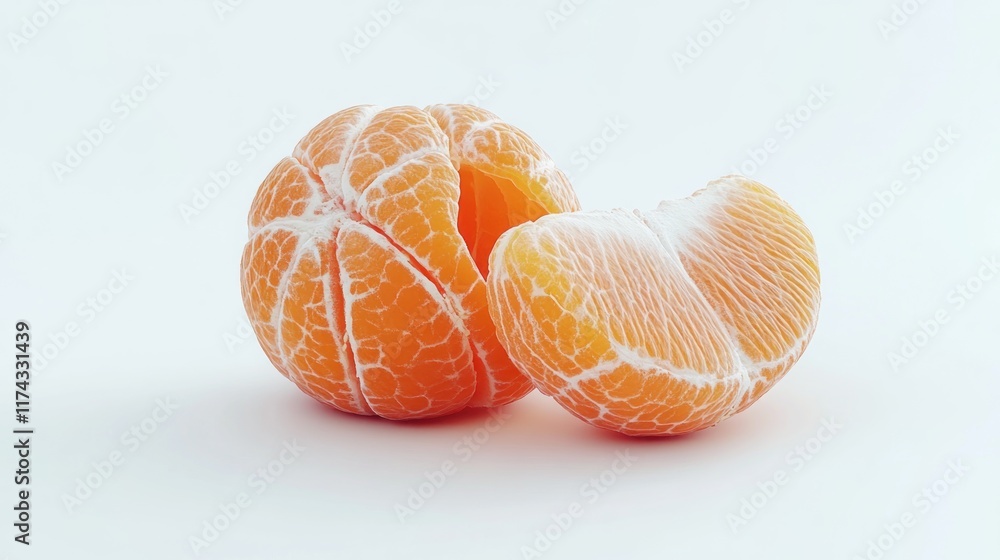 A peeled tangerine with a segment separated. Ideal for showcasing freshness in food blogs or healthy eating campaigns. A peeled tangerine with a segment separated. Ideal for showcasing freshness in food blogs or healthy eating campaigns.
