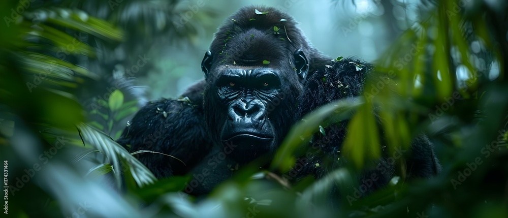 Fototapeta premium Majestic Gorilla in Dense Tropical Forest Surrounded by Lush Greenery and Soft Light