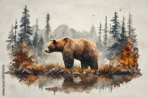 A watercolor painting of a bear in a forest landscape with autumn colors and reflections.
