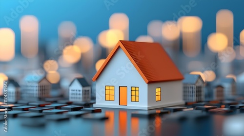Charming Miniature House with Orange Roof Against Soft Bokeh Background of City Lights at Night