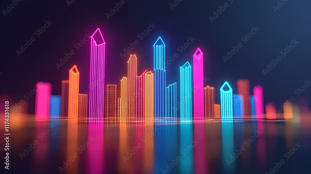 Bright Neon Cityscape with Colorful Skyscrapers and Reflective Surface at Night for Futuristic Designs and Urban Concepts Bright Neon Cityscape with Colorful Skyscrapers and Reflective Surface at Night for Futuristic Designs and Urban Concepts