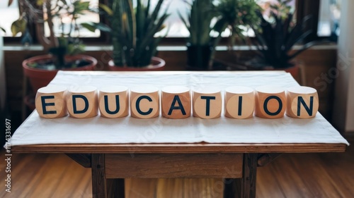 Wooden table with cubes displaying the word 