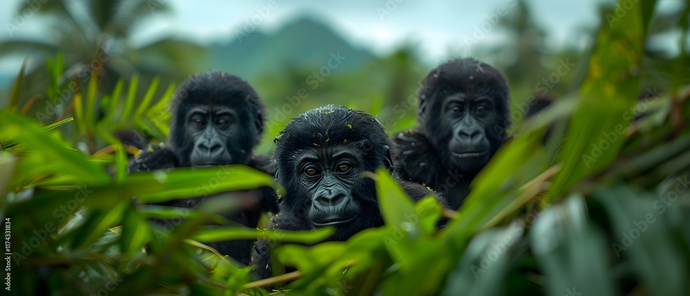 Three Mountain Gorillas in Lush Greenery Surrounded by Tropical Foliage in Their Natural Habitat Three Mountain Gorillas in Lush Greenery Surrounded by Tropical Foliage in Their Natural Habitat