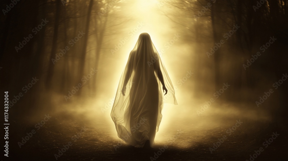 A woman in a white dress and veil walks toward a bright light at the end of a misty forest path. A woman in a white dress and veil walks toward a bright light at the end of a misty forest path.