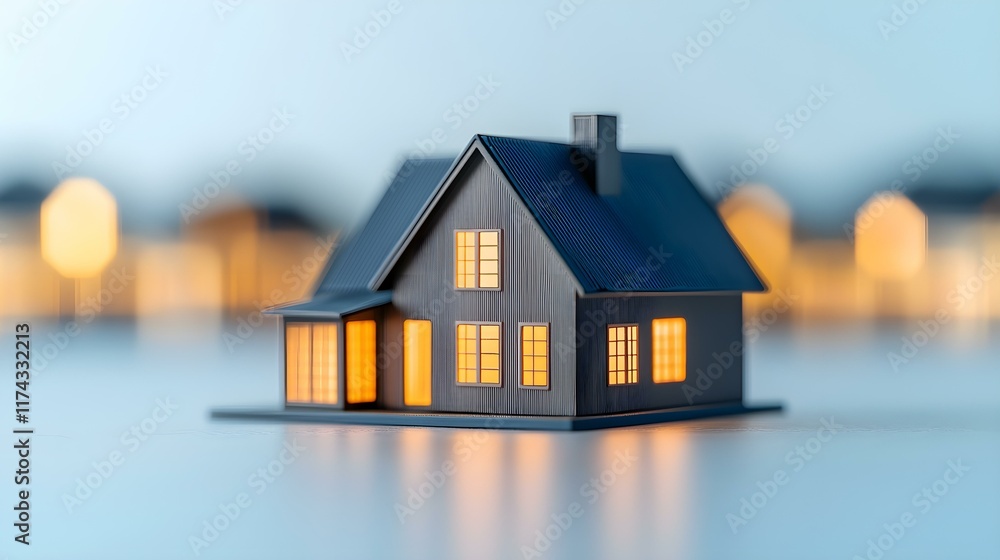 Miniature House Model with Warm Glow Illuminated Windows on a Soft Focus Background Creating Cozy Atmosphere Miniature House Model with Warm Glow Illuminated Windows on a Soft Focus Background Creating Cozy Atmosphere