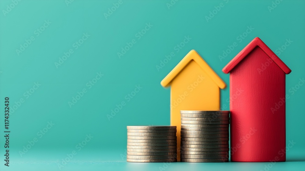 Colorful miniature houses next to stacks of coins representing investment in real estate and financial growth concepts Colorful miniature houses next to stacks of coins representing investment in real estate and financial growth concepts