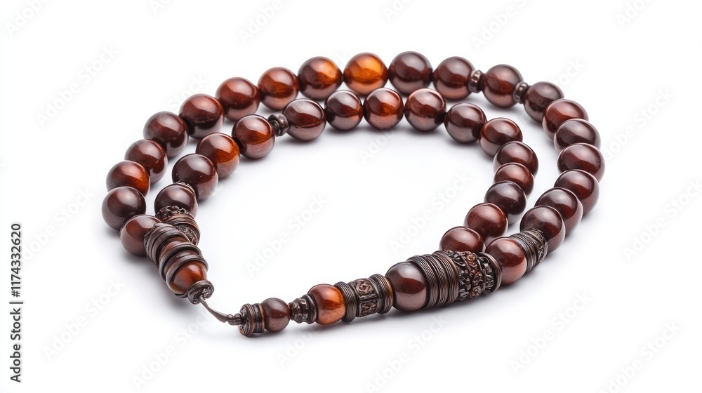 Brown wooden prayer beads with decorative metal accents. Ideal for meditation or religious practices. Adds a touch of spirituality to any setting. Brown wooden prayer beads with decorative metal accents. Ideal for meditation or religious practices. Adds a touch of spirituality to any setting.