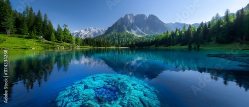 Serene Blue Lake with Rocky Undersurface and Surrounding Mountains Under Clear Blue Sky photo