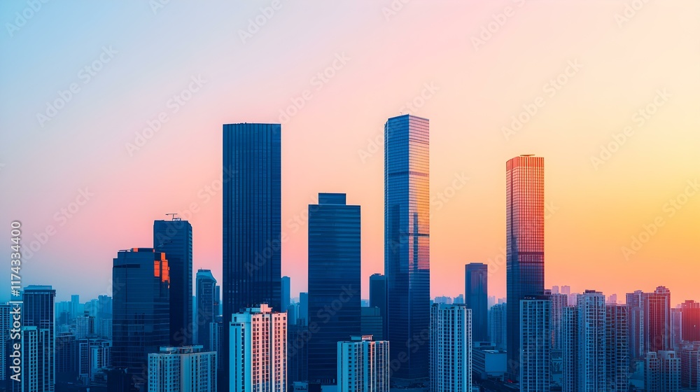 Urban Skyline at Sunset with Towering Buildings Against Colorful Sky in Modern Cityscape Urban Skyline at Sunset with Towering Buildings Against Colorful Sky in Modern Cityscape