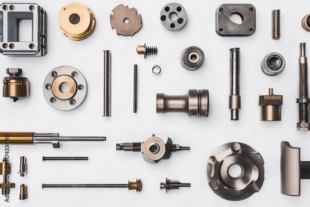 Obraz premium A flat lay arrangement of industrial tools and components, showcasing precision and material quality