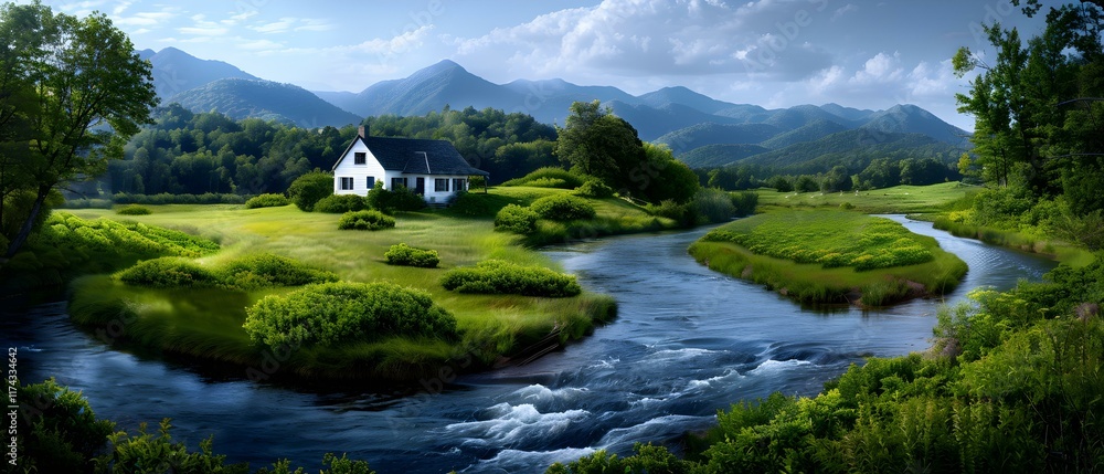 Fototapeta premium Serene Landscape with a House by a River Surrounded by Lush Greenery and Mountains Under a Clear Blue Sky