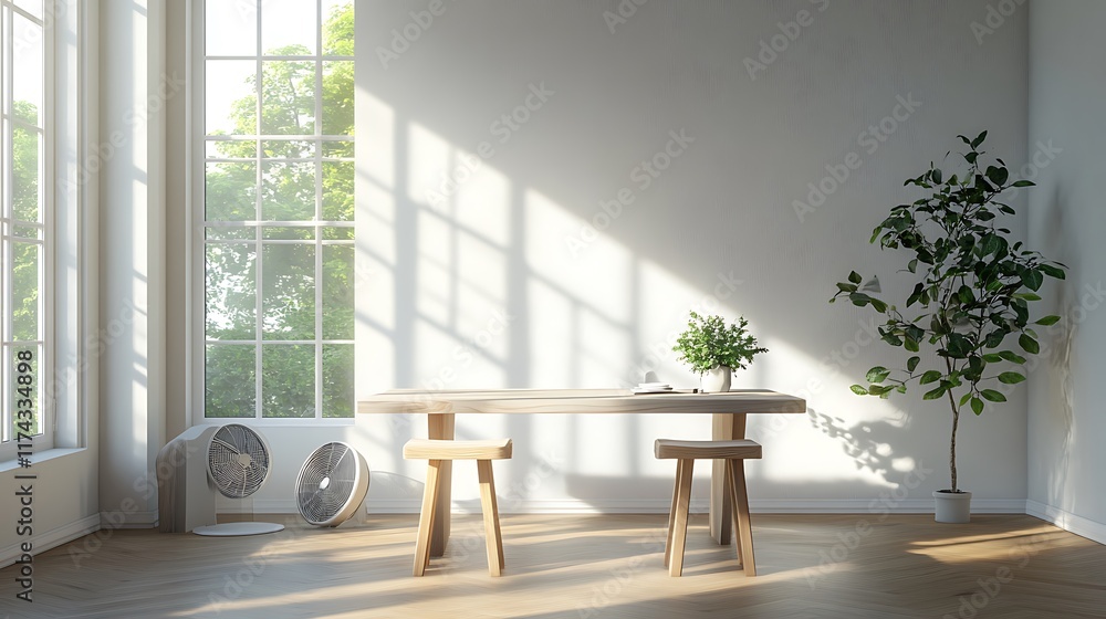 Fototapeta premium Bright sunlit dining space with minimalist design interior home
