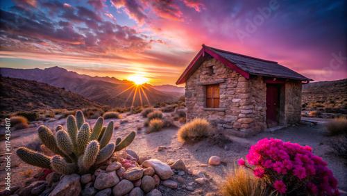 vibrant sunset illuminates rustic stone cabin in desert landscape
