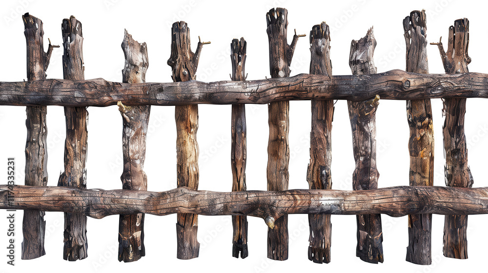 Naklejka premium Old wooden fence made of uneven, natural wooden branches. Rural simplicity and organic craftsmanship, countryside living, nature, sustainability, or rustic aesthetic design