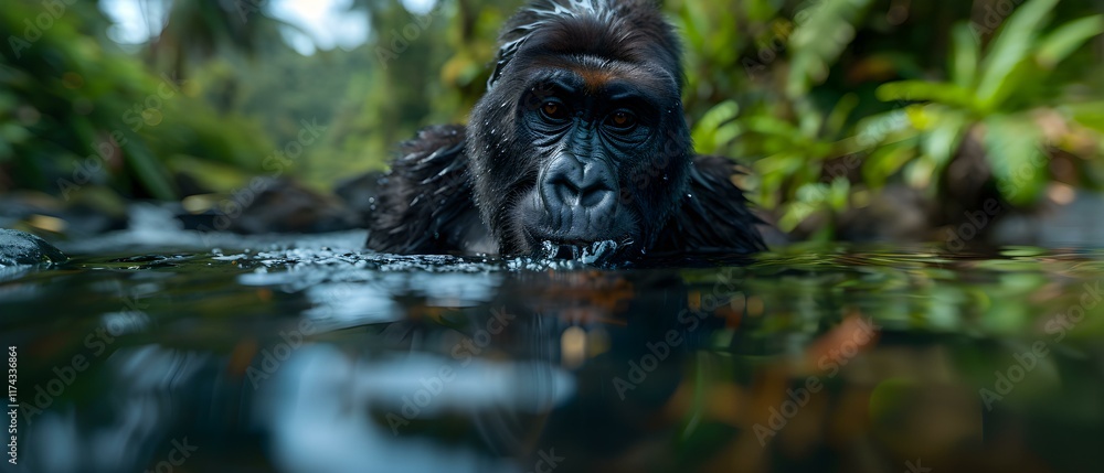 Obraz premium Intimate Close-Up of a Mountain Gorilla Swimming in a Tropical Forest Habitat Surrounded by Lush Green Vegetation