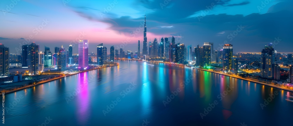Obraz premium Stunning Aerial View of Urban Skyline Reflected in Water with Colorful Lights at Dusk in Modern Cityscape