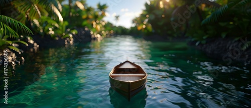Wallpaper Mural Serene Canoe Floating in Calm Tropical Waters Surrounded by Lush Greenery and Sunlit Atmosphere Torontodigital.ca