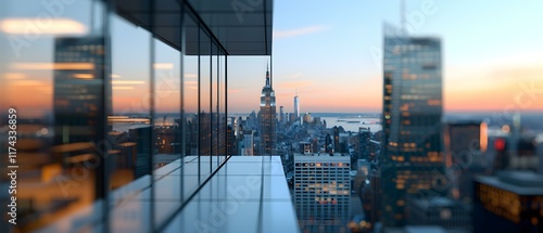 Breathtaking View of New York City Skyline at Dusk from Modern High-Rise Building with Glass Windows