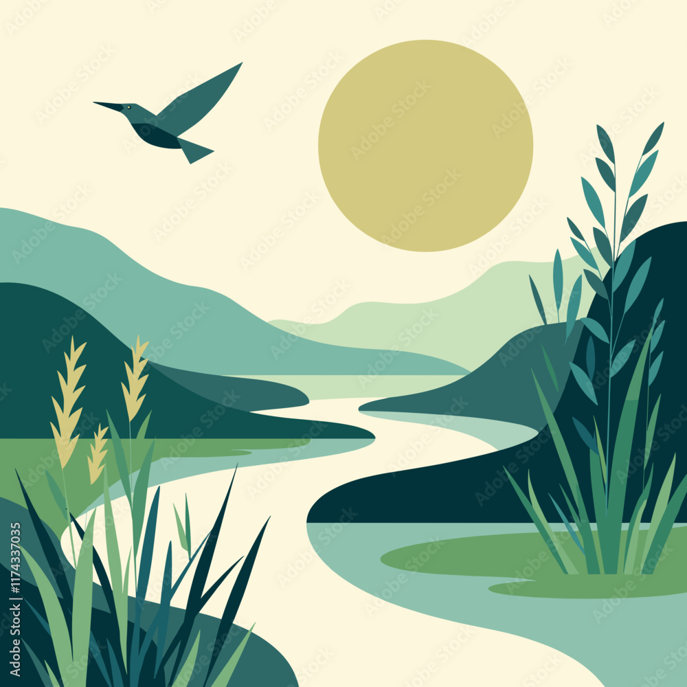 Obraz premium Vector wetlands swamps with reeds, mangroves, and birds in flight, Swamp landscape. View of the river bank