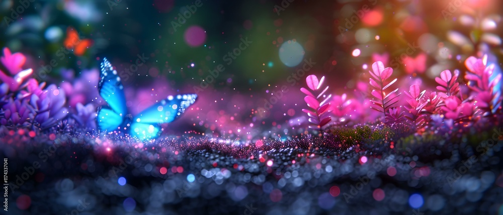 Enchanted Butterfly in Sparkling Garden with Vibrant Flowers and Soft Glowing Lights Enchanted Butterfly in Sparkling Garden with Vibrant Flowers and Soft Glowing Lights