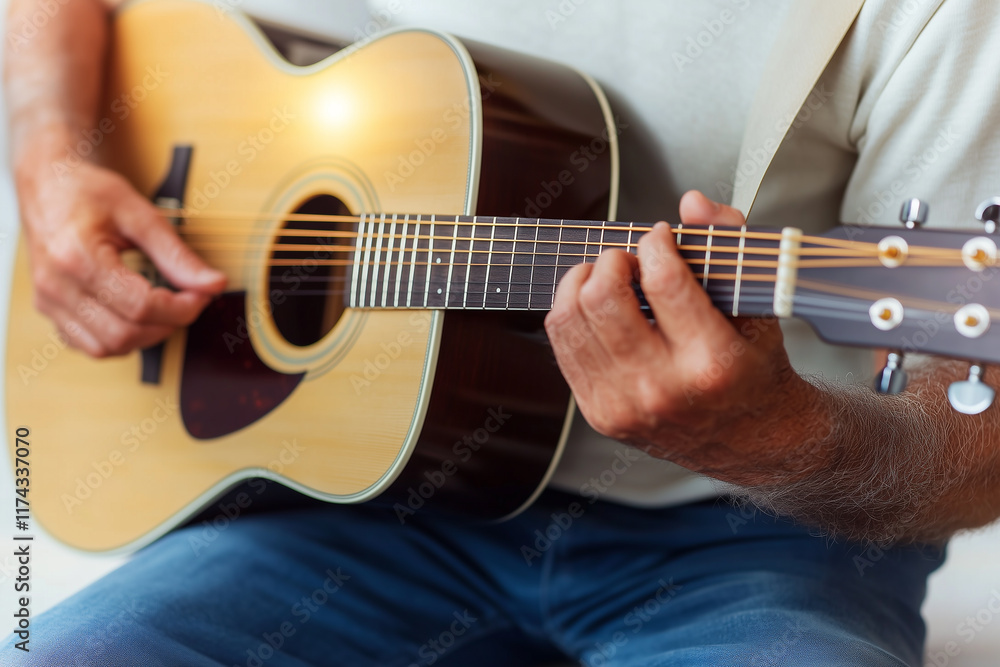 Fototapeta premium Person Playing Acoustic Guitar with Hands Close-Up in Natural Lighting