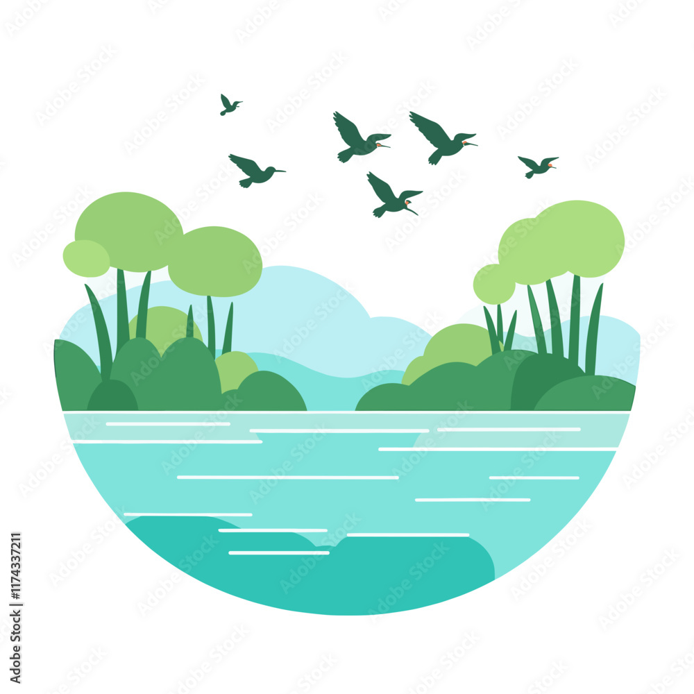 Fototapeta premium Vector wetlands swamps with reeds, mangroves, and birds in flight, Swamp landscape. View of the river bank