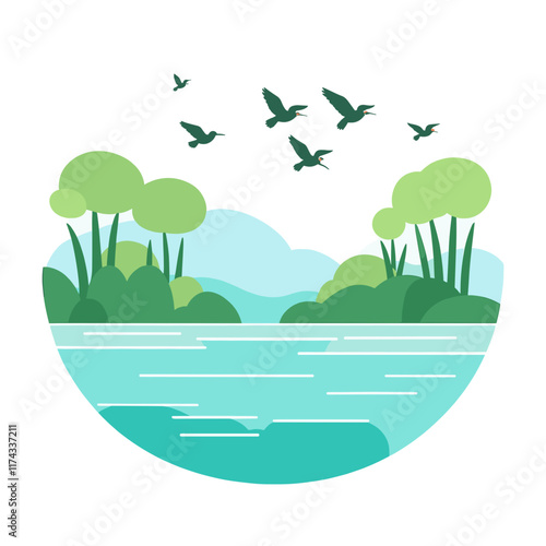 Vector wetlands swamps with reeds, mangroves, and birds in flight, Swamp landscape. View of the river bank