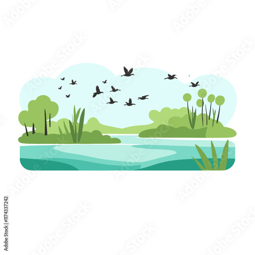 Vector wetlands swamps with reeds, mangroves, and birds in flight, Swamp landscape. View of the river bank