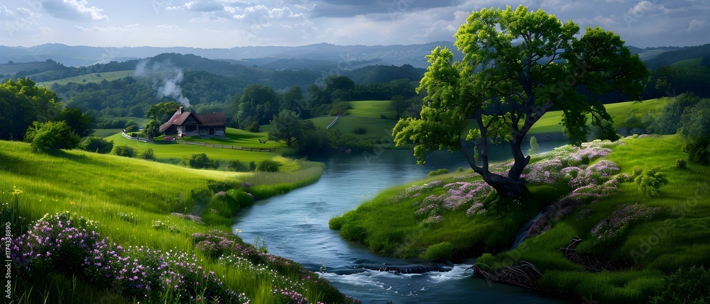 Serene Landscape with Flowing River, Lush Green Hills, and Rustic Cottage Amidst Blooming Flowers Under a Dramatic Sky Serene Landscape with Flowing River, Lush Green Hills, and Rustic Cottage Amidst Blooming Flowers Under a Dramatic Sky