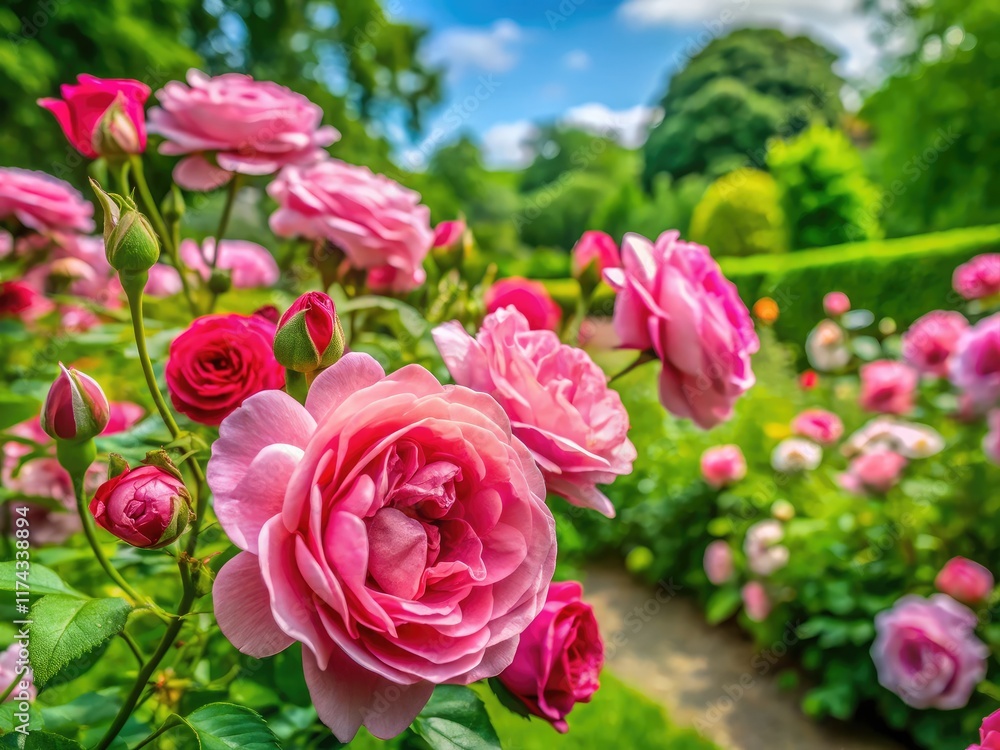 Pink Rose Blooming Posy Banner, Lush Garden Panoramic Pink Rose Blooming Posy Banner, Lush Garden Panoramic