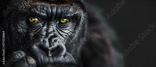 Intense Close-Up of a Gorilla with Striking Green Eyes and Detailed Facial Features on a Dark Background