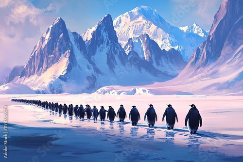 A group of emperor penguins marching in unison across a frozen tundra, with icy mountains in the background