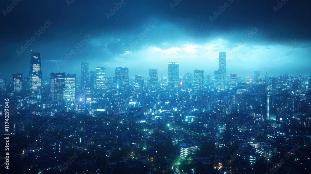 A vibrant city skyline illuminated under a stormy night sky. A vibrant city skyline illuminated under a stormy night sky.