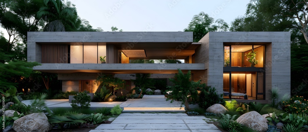 Modern architectural design featuring minimalist house exterior with large windows and lush greenery landscape at dusk Modern architectural design featuring minimalist house exterior with large windows and lush greenery landscape at dusk