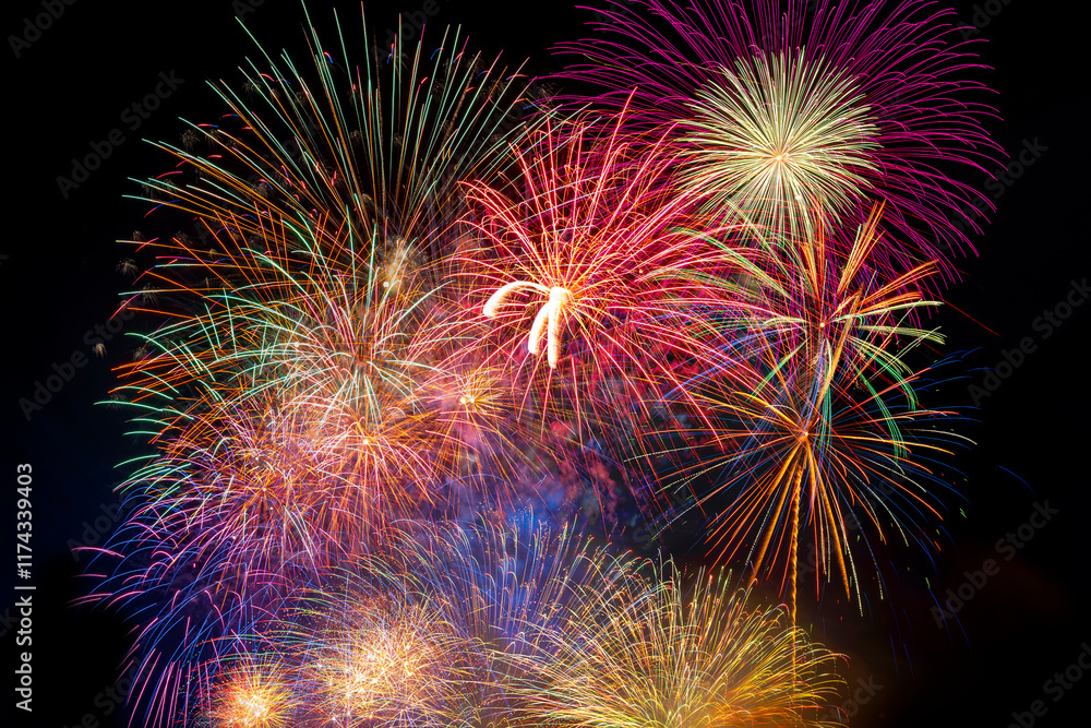 Bangkok, Thailand , January 1, 2025 : Amazing Countdown firework display for bangkok Countdown celebration Happy new year 2014 is famous Bangkok landmark at Wat Arun, Thailand