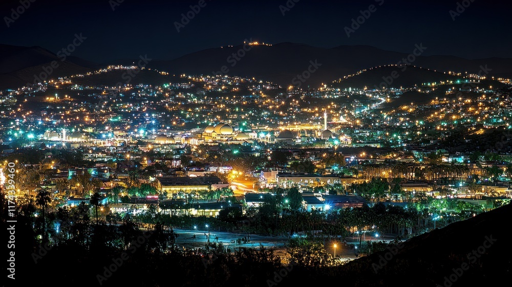 Fototapeta premium A vibrant cityscape illuminated at night, showcasing urban lights and mountainous backdrop.