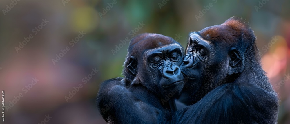 Obraz premium Tender Moment Between Two Gorillas Embracing in a Natural Habitat with Soft Lighting