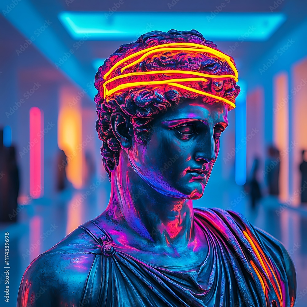 Fototapeta premium Neon-Illuminated Classical Sculpture in Modern Gallery