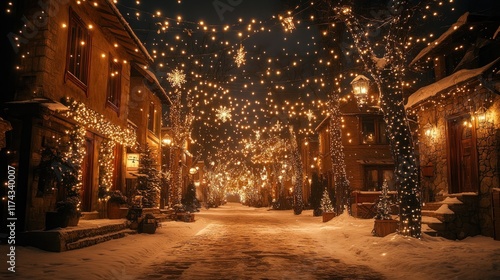 Wallpaper Mural A snowy street adorned with festive lights and decorations, creating a magical winter atmosphere. Torontodigital.ca