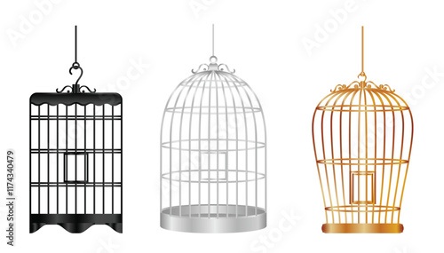 Set illustration of three decorative bird cages in distinct colors: black, silver, and gold. Each cage has a unique design, perfect for vintage-inspired decor, weddings, or home interior aesthetics.