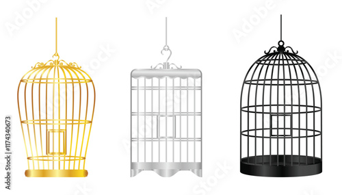 Set illustration of three intricately designed bird cages in gold, silver, and black. Each cage has a distinct style, perfect for use in wedding decor, home interiors, or vintage-themed events.