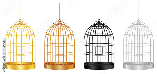 Set illustration of four elegant bird cages displayed in gold, bronze, black, and silver. Each cage features a simple, rounded design with a hanging hook at the top. Perfect for use in interior decor