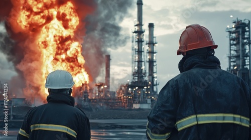 Firefighters Observing Massive Refinery Fire