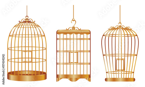 Set illustration of three beautifully designed golden birdcages in various shapes. Each cage features unique ornate patterns, ideal for decorative purposes. The image captures elegance