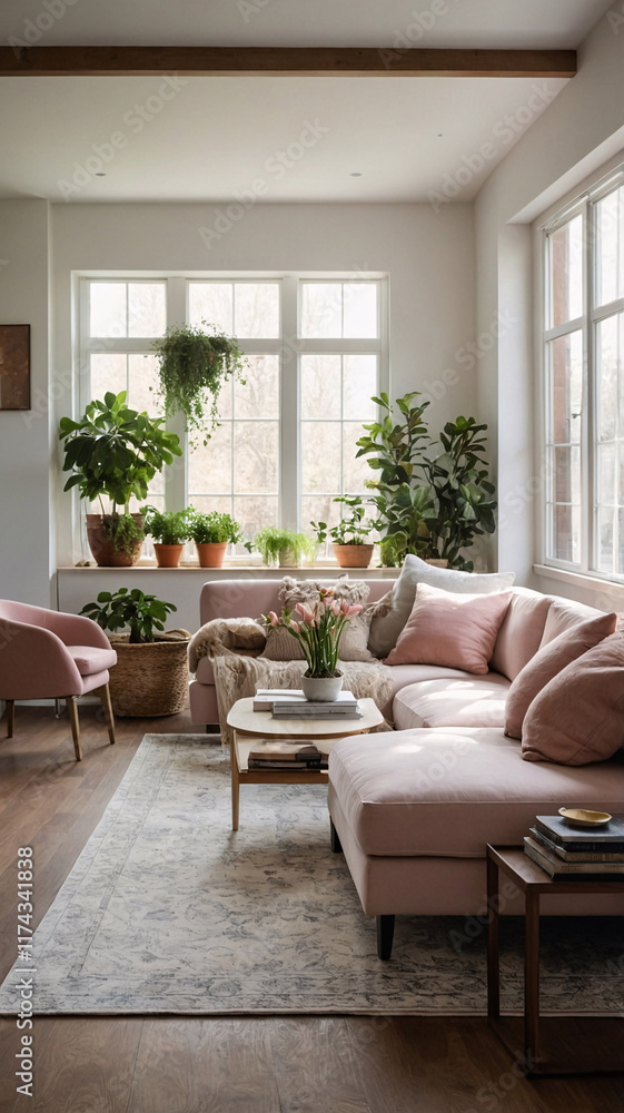 Stylish and spacious living room with a plush baby pink couch wide windows letting in sunlight and pastel pink tones for a bright feel Stylish and spacious living room with a plush baby pink couch wide windows letting in sunlight and pastel pink tones for a bright feel