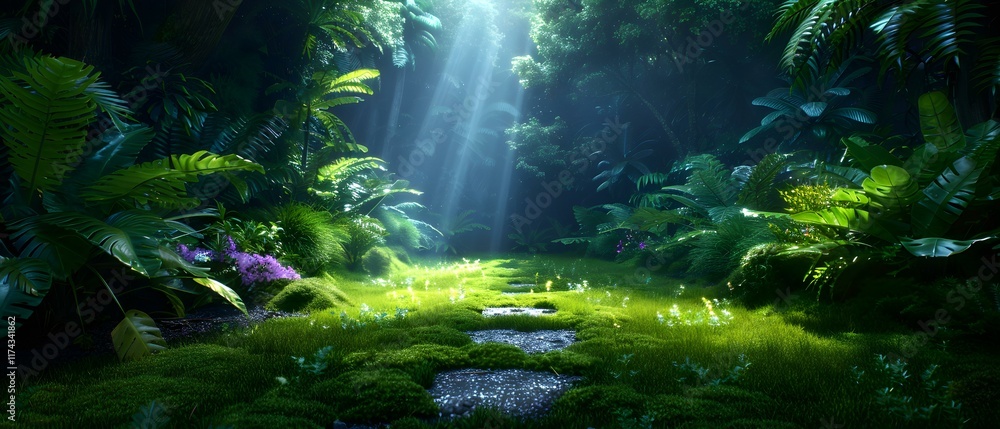 Lush Tropical Jungle Scene with Sunlight Piercing Through Dense Foliage and Vibrant Greenery and Colorful Flowers Lush Tropical Jungle Scene with Sunlight Piercing Through Dense Foliage and Vibrant Greenery and Colorful Flowers