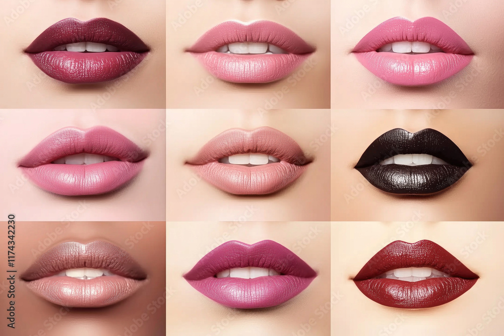 Obraz premium set of lips wearing various shades of lipstick pink plum neutral black different skin tones