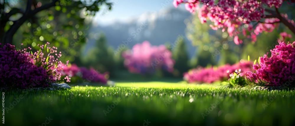 Obraz premium Serene Spring Garden with Blossoming Trees and Vibrant Flowers Under Soft Natural Light