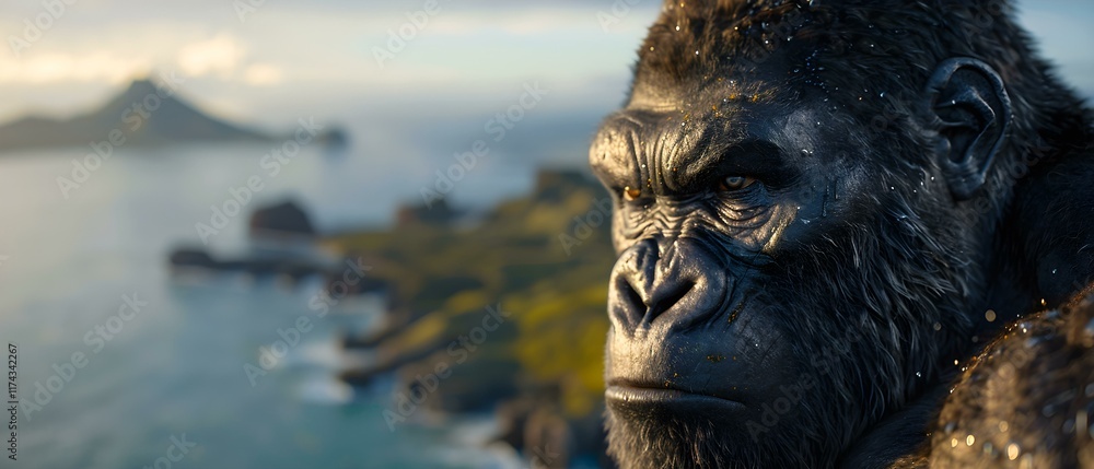 Obraz premium Majestic Close-up of a Realistic Gorilla Overlooking a Scenic Coastal Landscape with Vibrant Colors
