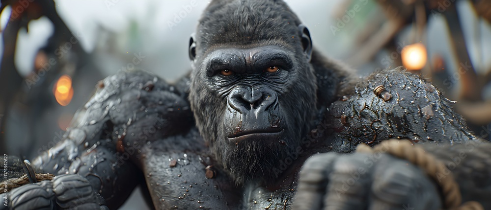 Majestic gorilla with intense gaze catching light in an intricate, wild jungle environment Majestic gorilla with intense gaze catching light in an intricate, wild jungle environment